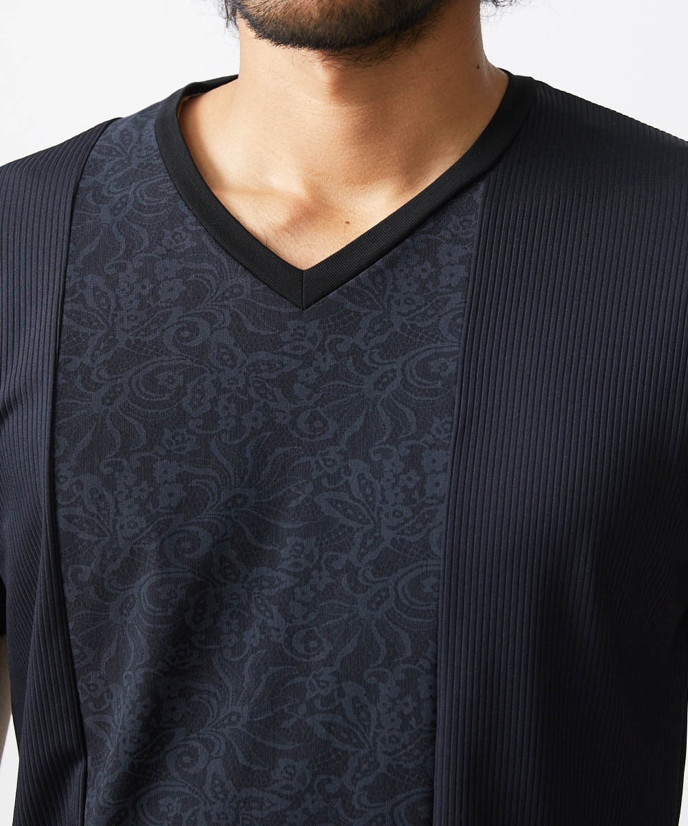 MNKJX74210 MICHEL KLEIN HOMME(ミッシェルクラン オム) 切り替えリブ半袖カットソー ブラック