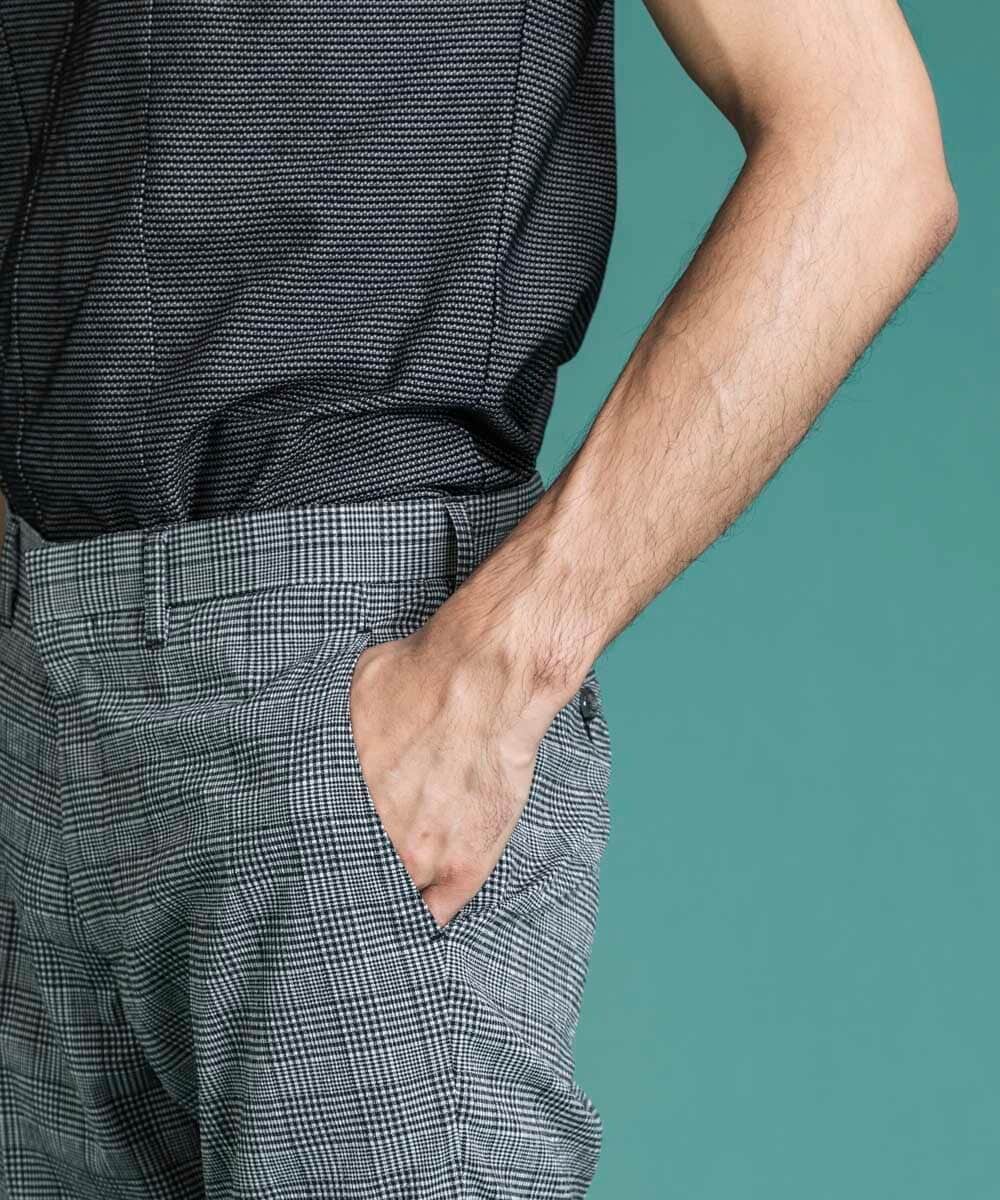 MNLGS03210 MICHEL KLEIN HOMME(ミッシェルクラン オム) チェック柄サッカースラックスパンツ ライトブルー(50)