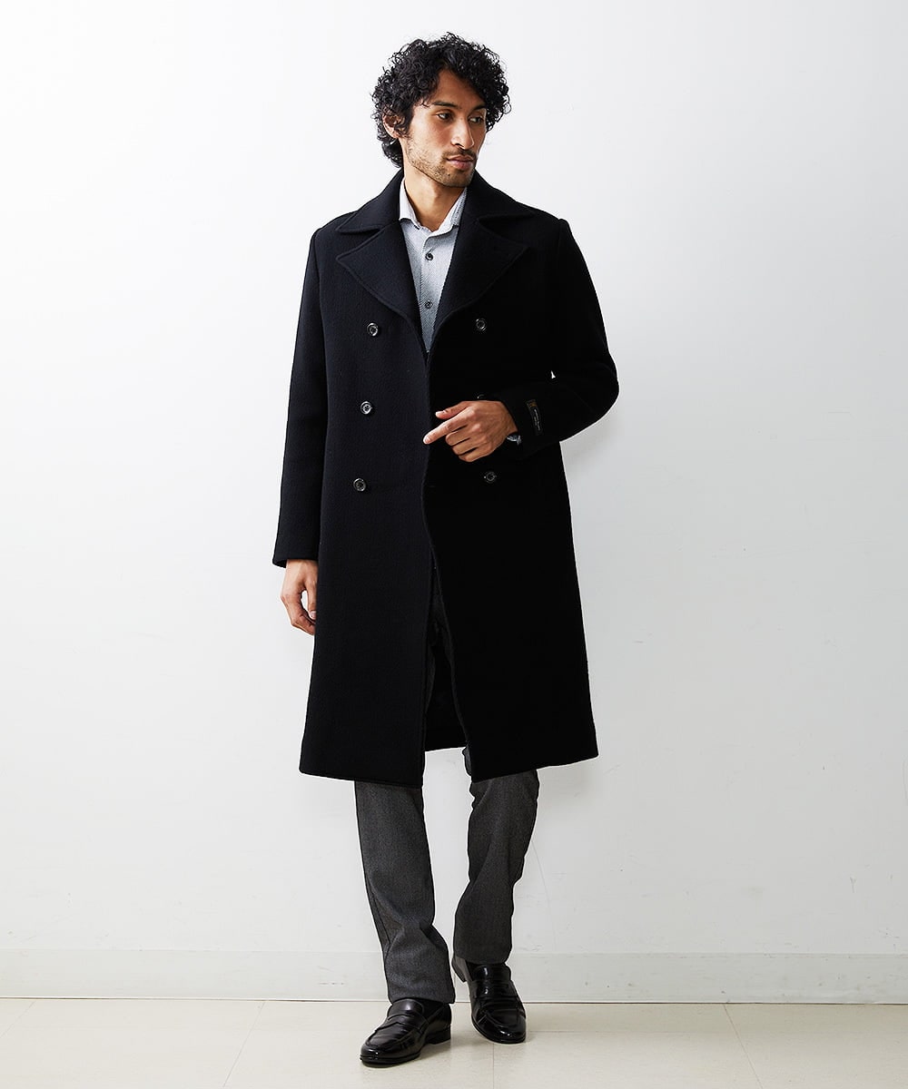 MNUAS36790 MICHEL KLEIN HOMME(ミッシェルクラン オム) ヘリンボンロング丈コート ブラック