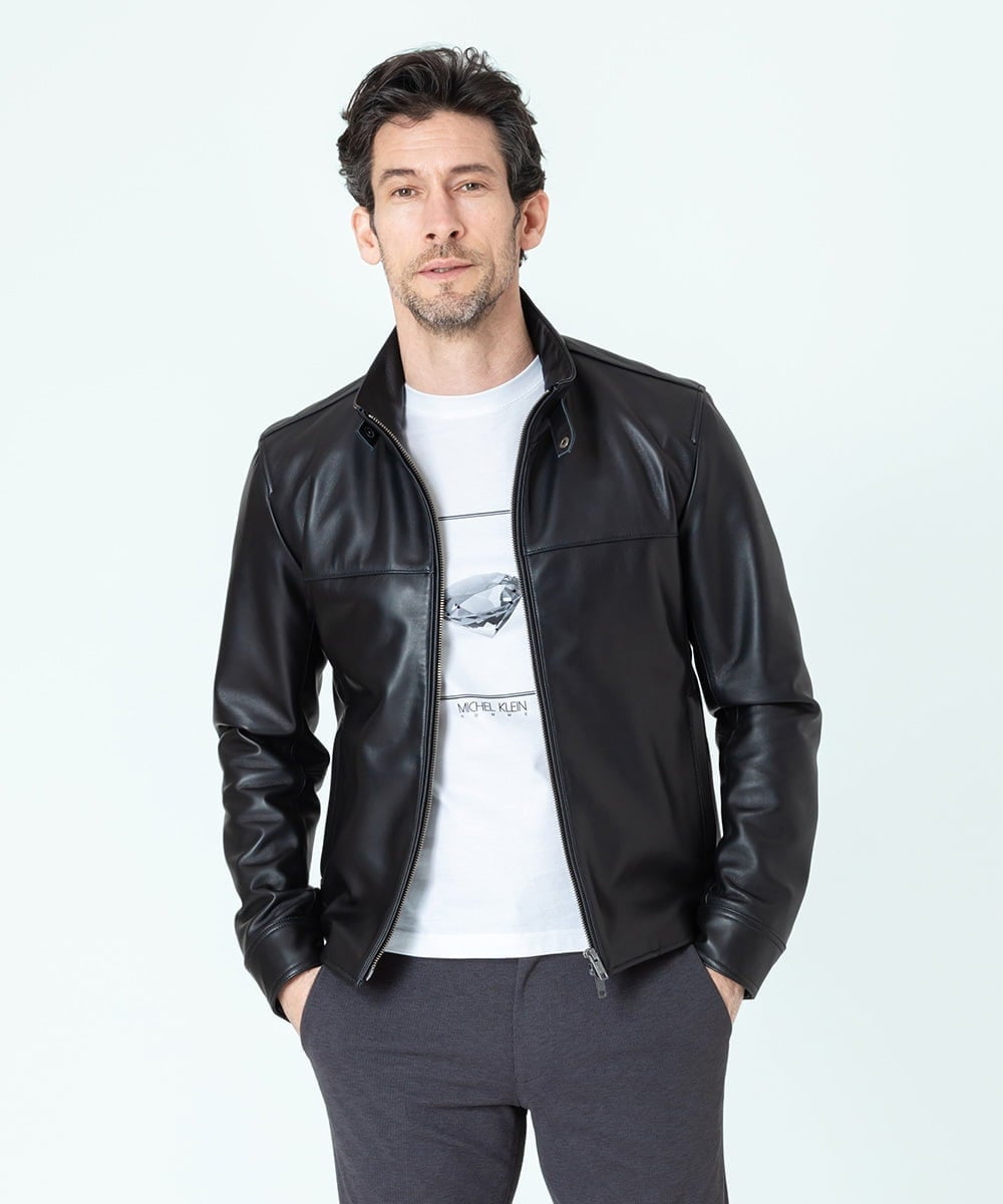 MNWJS01690 MICHEL KLEIN HOMME(ミッシェルクラン オム) シングルライダースレザーブルゾン ブラック(94)