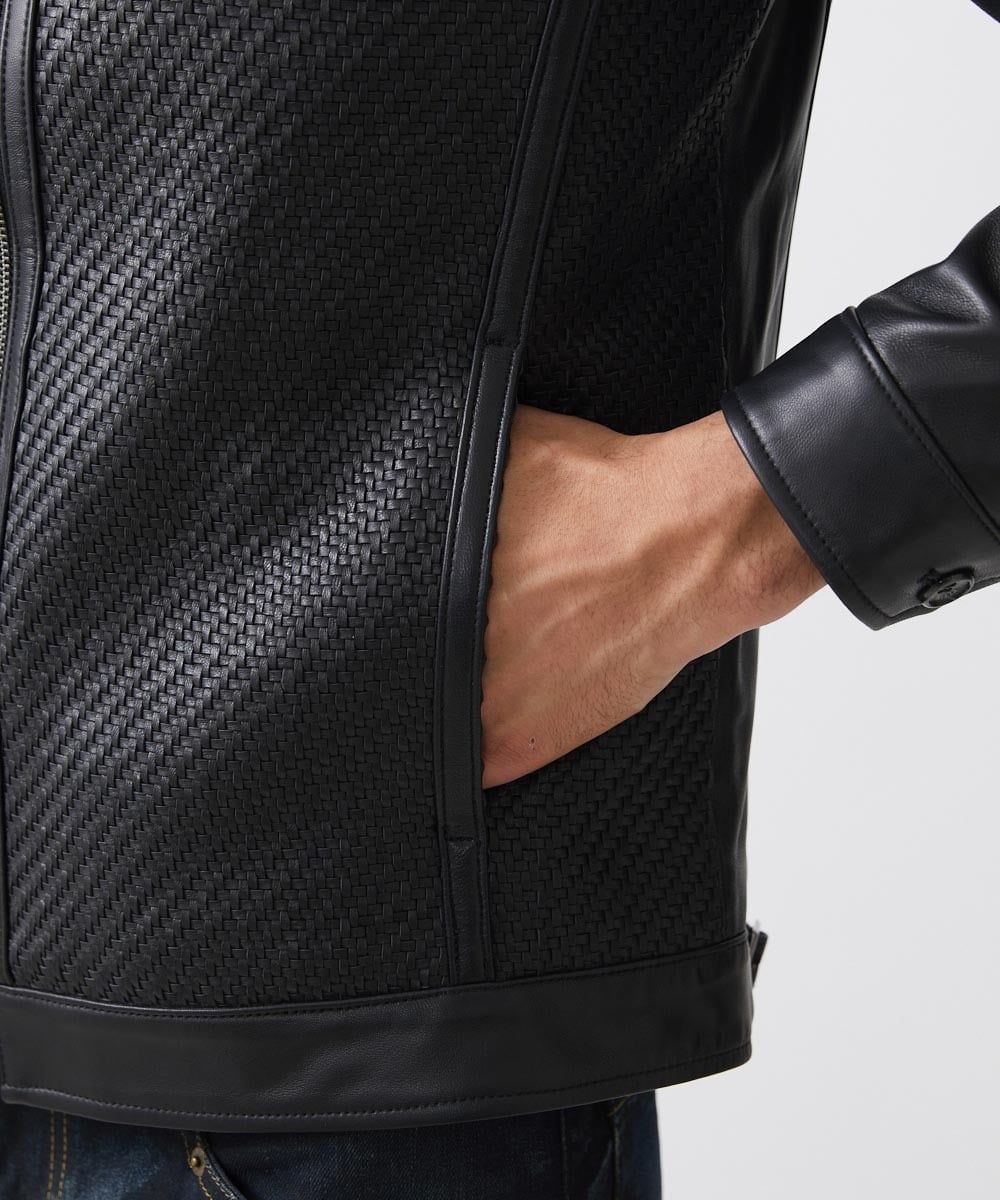 MNWVA02180 MICHEL KLEIN HOMME(ミッシェルクラン オム) クロス柄スムースレザーブルゾン ブラック