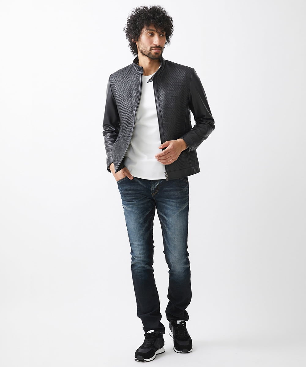 MNWVA02180 MICHEL KLEIN HOMME(ミッシェルクラン オム) クロス柄スムースレザーブルゾン ブラック