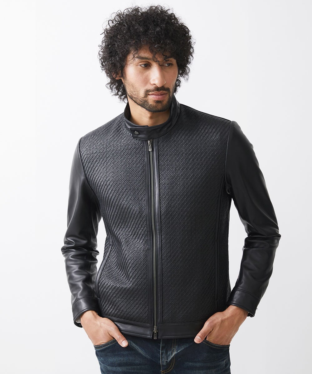 MNWVA02180 MICHEL KLEIN HOMME(ミッシェルクラン オム) クロス柄スムースレザーブルゾン ブラック