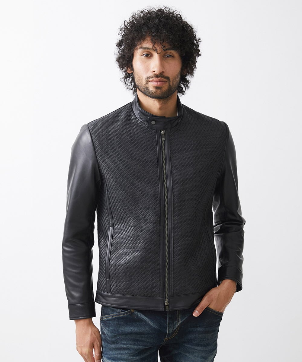 MNWVA02180 MICHEL KLEIN HOMME(ミッシェルクラン オム) クロス柄スムースレザーブルゾン ブラック
