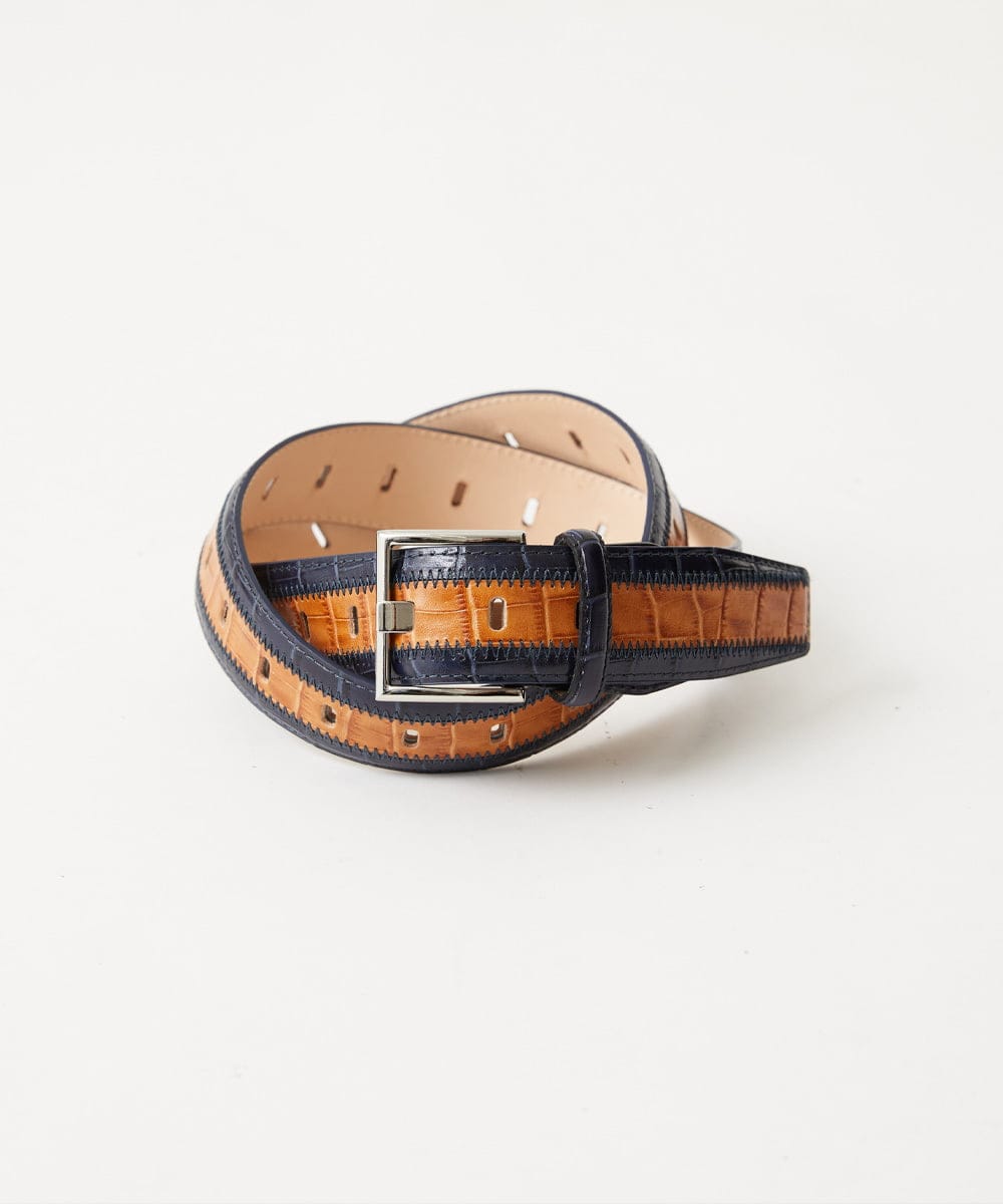 MO4GF50160 MICHEL KLEIN HOMME(ミッシェルクラン オム) クロコパッチ　ワイドピンベルト ネイビー