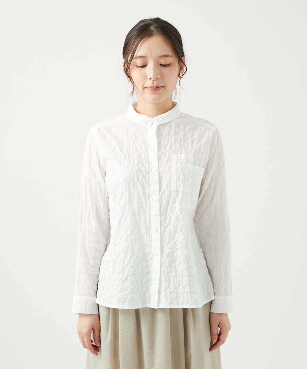 NGBEF14230 GIANNI LO GIUDICE(ジャンニ ロ ジュディチェ) [洗える]シャーリングシャンブレーブラウス ホワイト