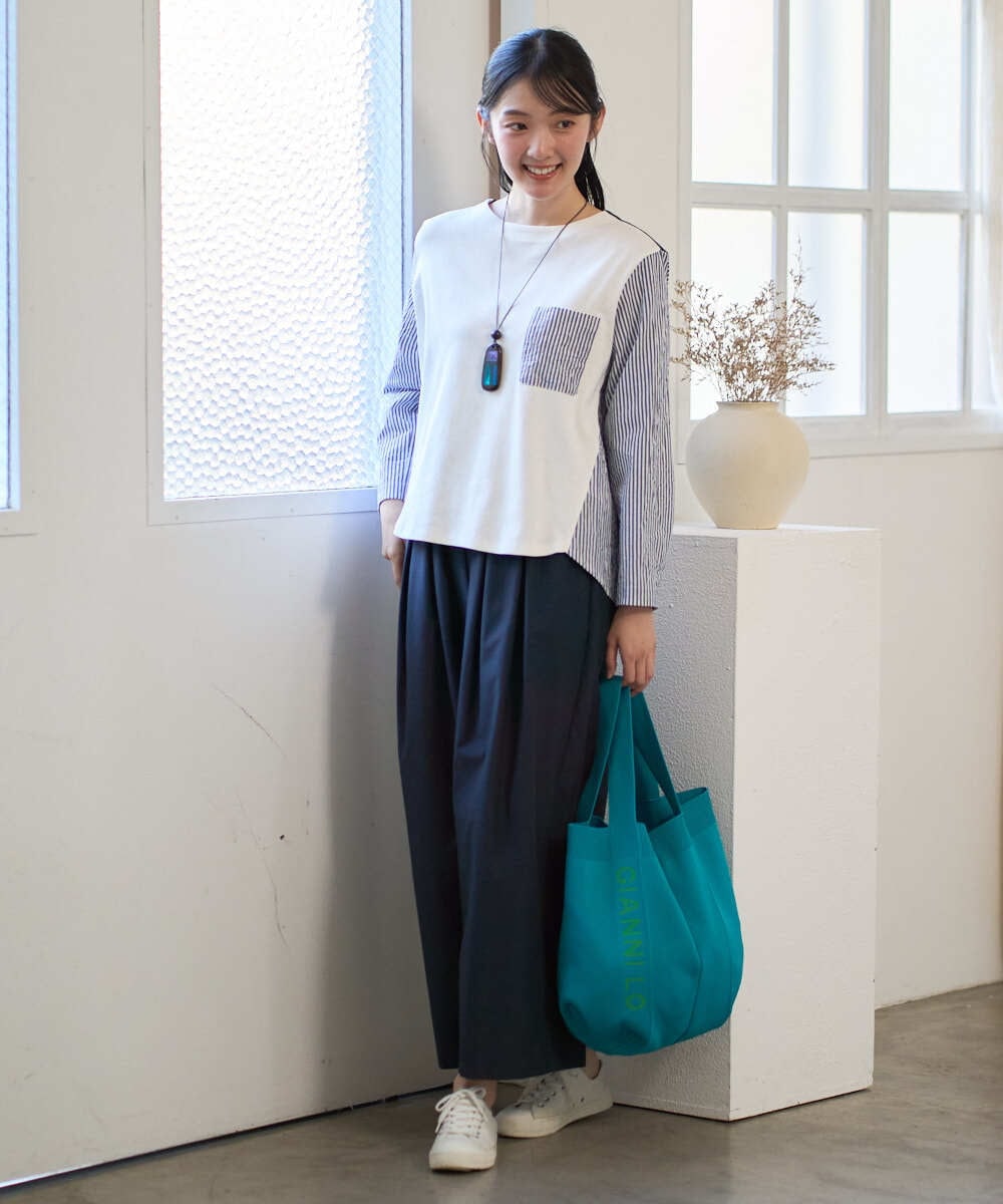 NGBGD20270 GIANNI LO GIUDICE(ジャンニ ロ ジュディチェ) [洗える]ストライプキャッチワッシャーＴブラウス ネイビー×ホワイト