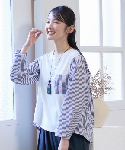 NGBGD20270 GIANNI LO GIUDICE [洗える]ストライプキャッチワッシャーＴブラウス