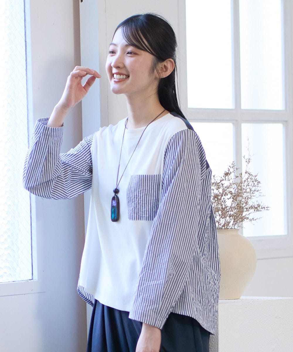 NGBGD20270 GIANNI LO GIUDICE [洗える]ストライプキャッチワッシャーＴブラウス