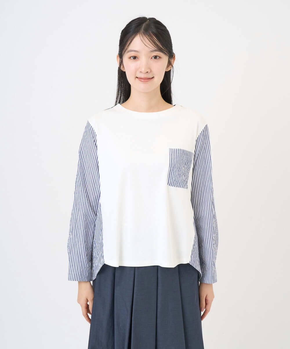 NGBGD20270 GIANNI LO GIUDICE(ジャンニ ロ ジュディチェ) [洗える]ストライプキャッチワッシャーＴブラウス ネイビー×ホワイト