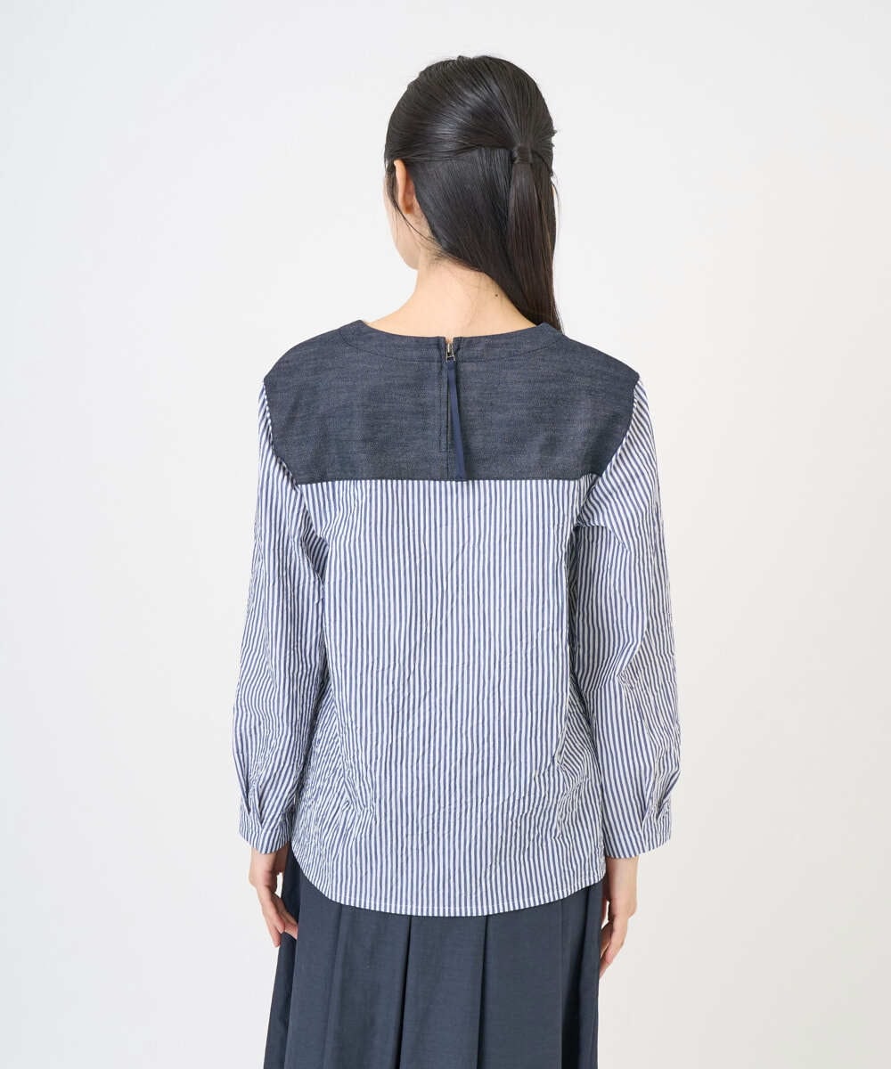 NGBGD20270 GIANNI LO GIUDICE(ジャンニ ロ ジュディチェ) [洗える]ストライプキャッチワッシャーＴブラウス ネイビー×ホワイト