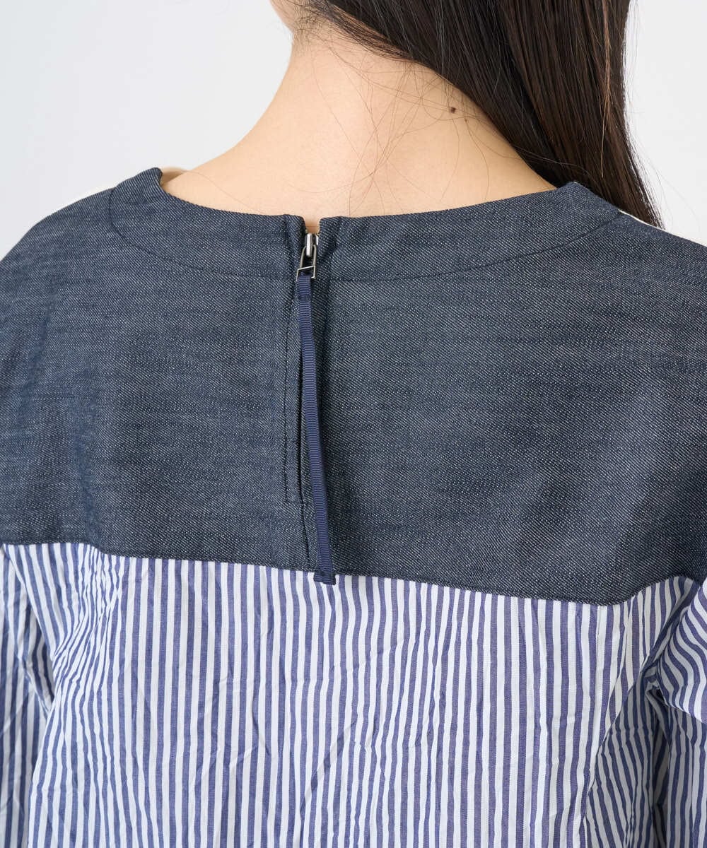 NGBGD20270 GIANNI LO GIUDICE(ジャンニ ロ ジュディチェ) [洗える]ストライプキャッチワッシャーＴブラウス ネイビー×ホワイト