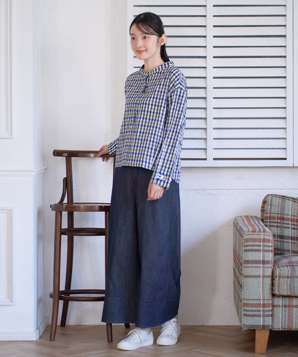 NGBGD23250 GIANNI LO GIUDICE(ジャンニ ロ ジュディチェ) [洗える]塩縮ギンガムプリントブラウス ブルー×グリーン