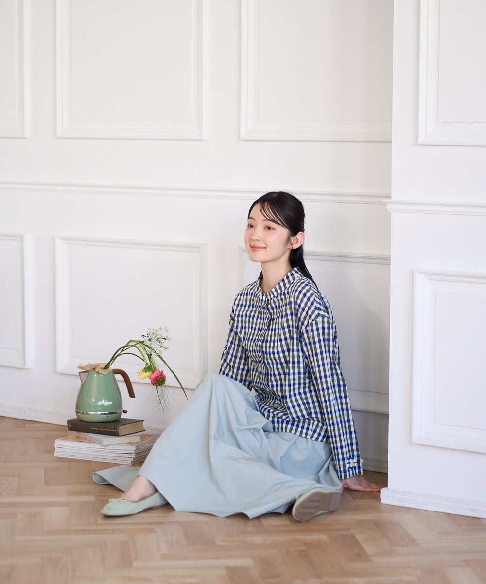 NGBGD23250 GIANNI LO GIUDICE(ジャンニ ロ ジュディチェ) [洗える]塩縮ギンガムプリントブラウス ブルー×グリーン