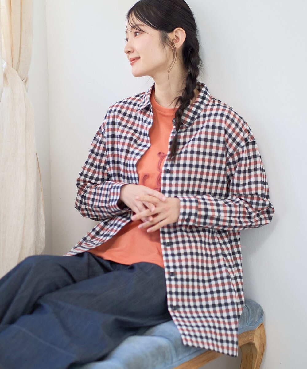 NGBGD24270 GIANNI LO GIUDICE(ジャンニ ロ ジュディチェ) [洗える]塩縮ギンガムプリントチュニックブラウス オレンジ×ネイビー