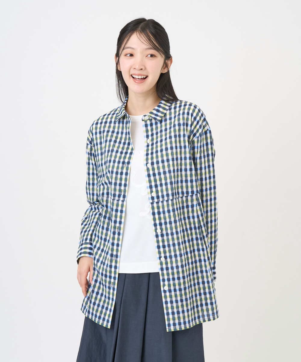 NGBGD24270 GIANNI LO GIUDICE(ジャンニ ロ ジュディチェ) [洗える]塩縮ギンガムプリントチュニックブラウス ブルー×グリーン