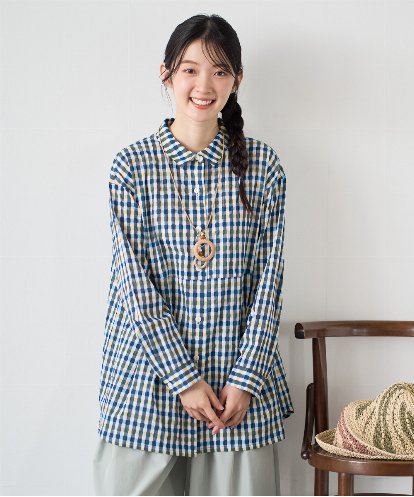 NGBGD24270 GIANNI LO GIUDICE [洗える]塩縮ギンガムプリントチュニックブラウス