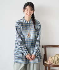 NGBGD24270 GIANNI LO GIUDICE(ジャンニ ロ ジュディチェ) [洗える]塩縮ギンガムプリントチュニックブラウス ブルー×グリーン