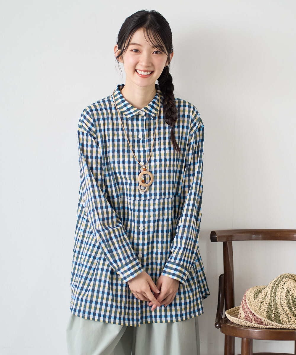 NGBGD24270 GIANNI LO GIUDICE [洗える]塩縮ギンガムプリントチュニックブラウス