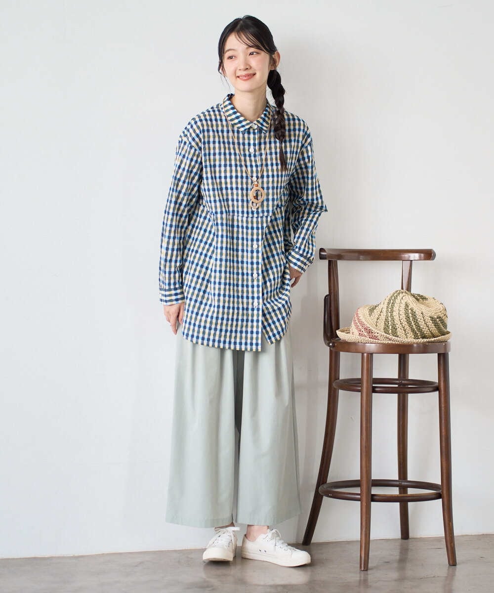 NGBGD24270 GIANNI LO GIUDICE(ジャンニ ロ ジュディチェ) [洗える]塩縮ギンガムプリントチュニックブラウス ブルー×グリーン