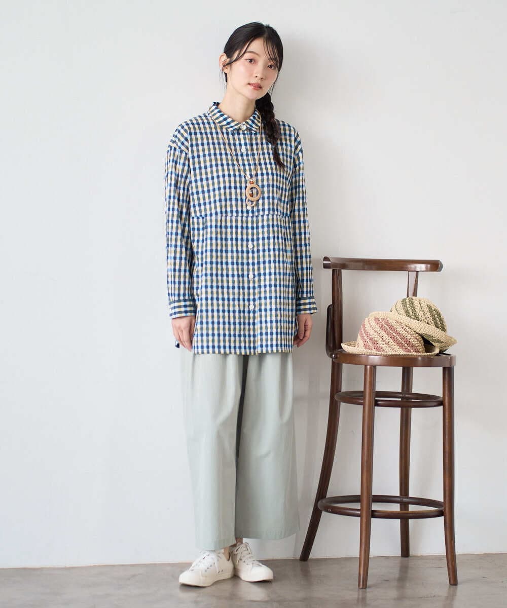 NGBGD24270 GIANNI LO GIUDICE(ジャンニ ロ ジュディチェ) [洗える]塩縮ギンガムプリントチュニックブラウス ブルー×グリーン