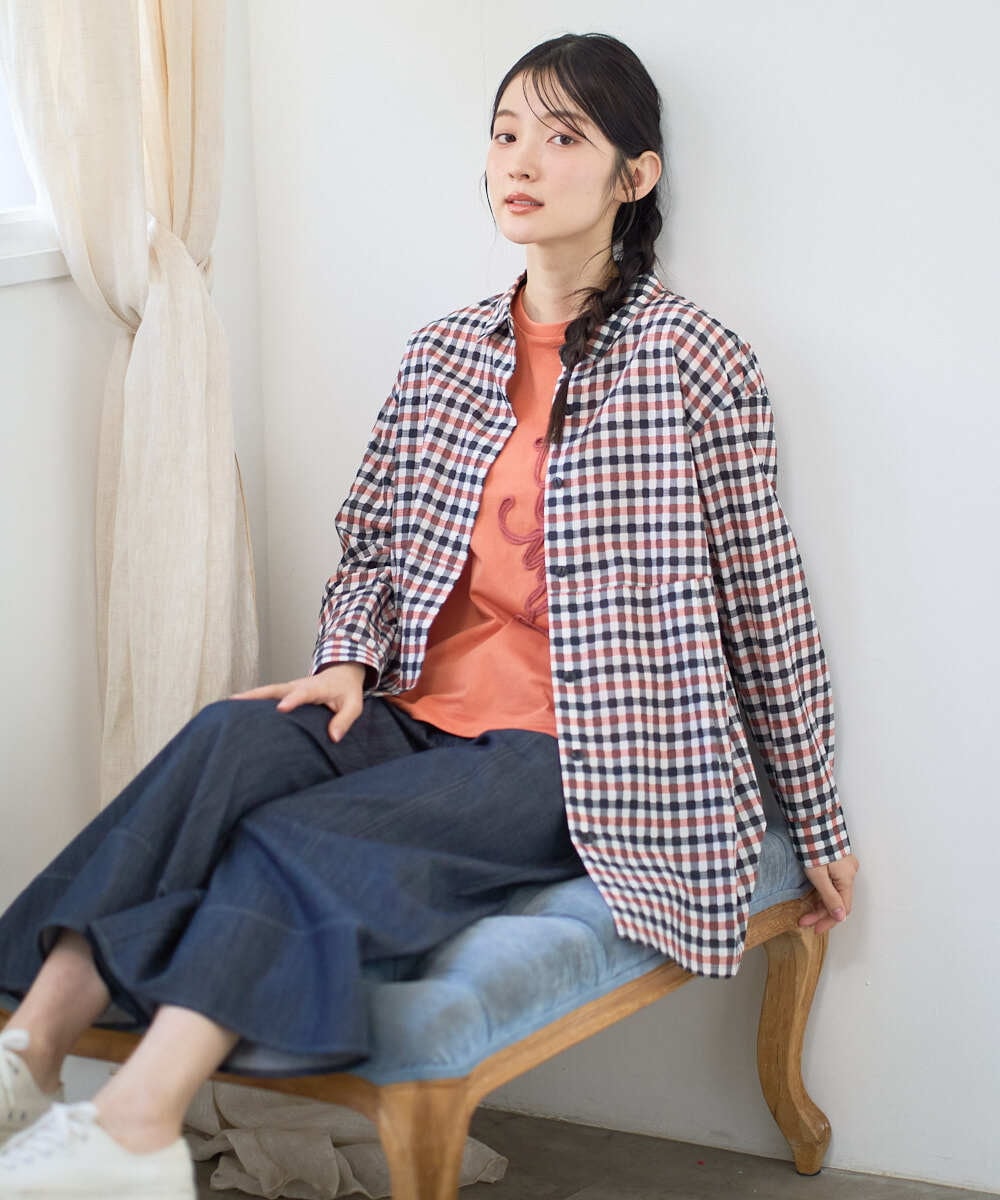 NGBGD24270 GIANNI LO GIUDICE(ジャンニ ロ ジュディチェ) [洗える]塩縮ギンガムプリントチュニックブラウス ブルー×グリーン