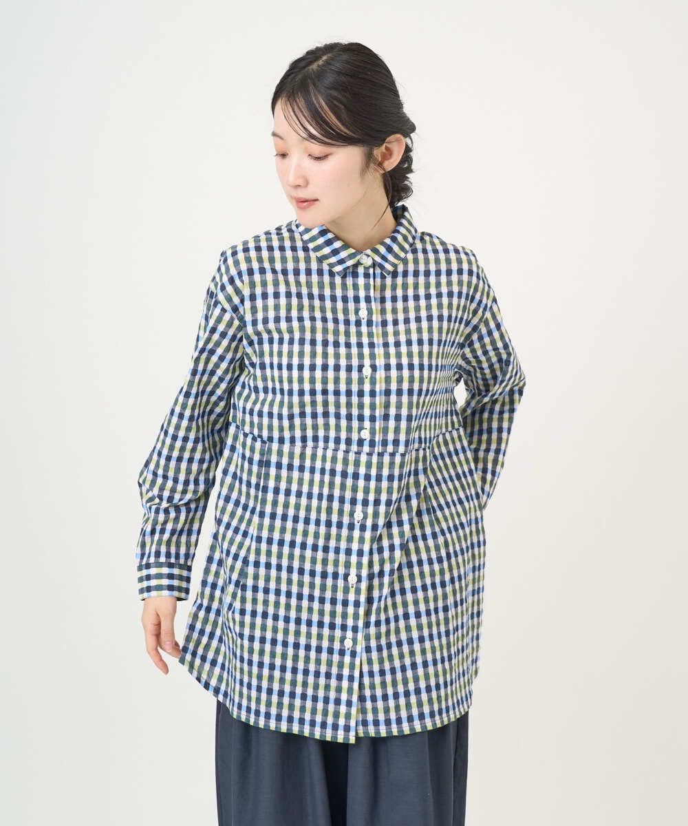 NGBGD24270 GIANNI LO GIUDICE(ジャンニ ロ ジュディチェ) [洗える]塩縮ギンガムプリントチュニックブラウス ブルー×グリーン