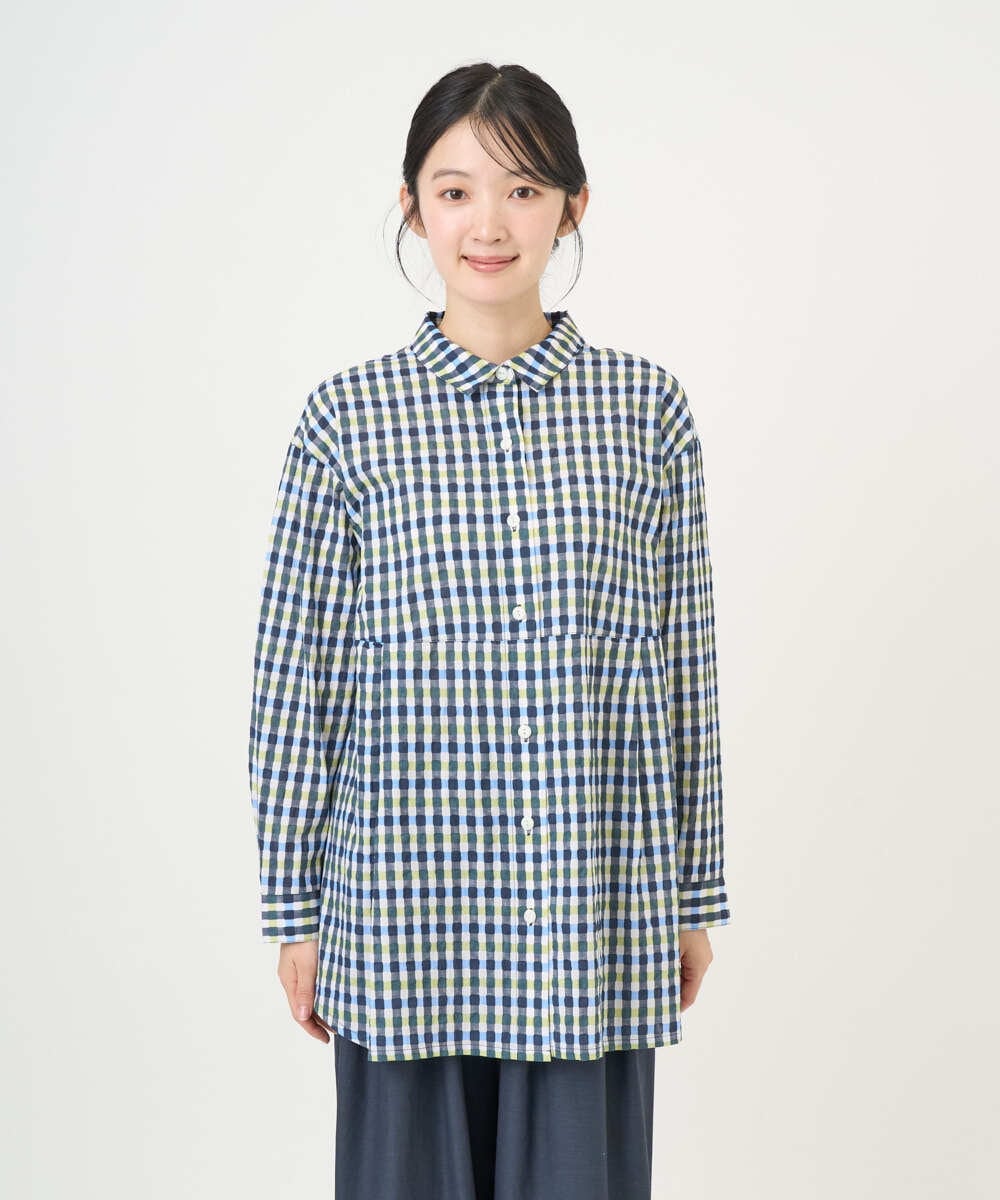 NGBGD24270 GIANNI LO GIUDICE(ジャンニ ロ ジュディチェ) [洗える]塩縮ギンガムプリントチュニックブラウス ブルー×グリーン