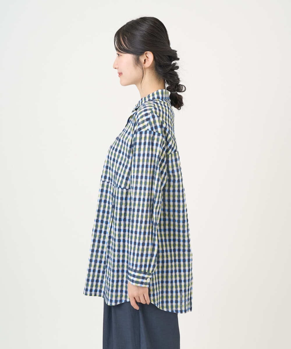 NGBGD24270 GIANNI LO GIUDICE(ジャンニ ロ ジュディチェ) [洗える]塩縮ギンガムプリントチュニックブラウス ブルー×グリーン