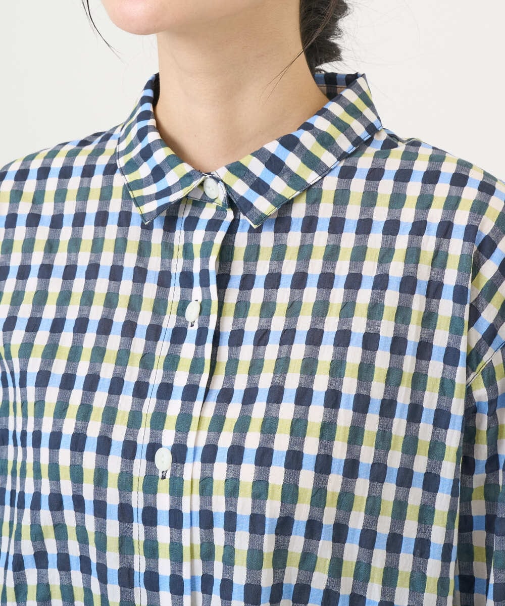 NGBGD24270 GIANNI LO GIUDICE(ジャンニ ロ ジュディチェ) [洗える]塩縮ギンガムプリントチュニックブラウス ブルー×グリーン