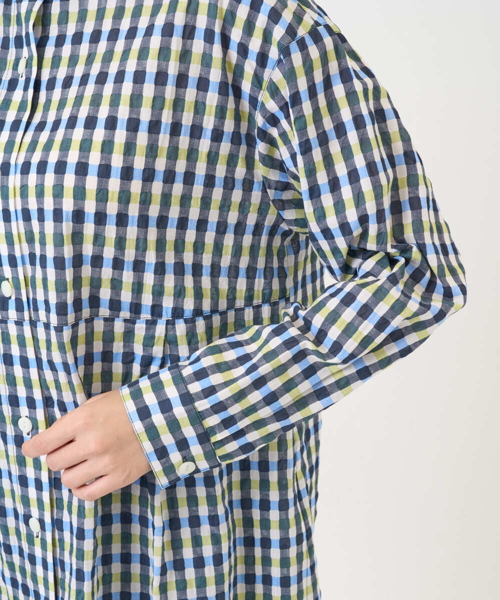 NGBGD24270 GIANNI LO GIUDICE(ジャンニ ロ ジュディチェ) [洗える]塩縮ギンガムプリントチュニックブラウス ブルー×グリーン