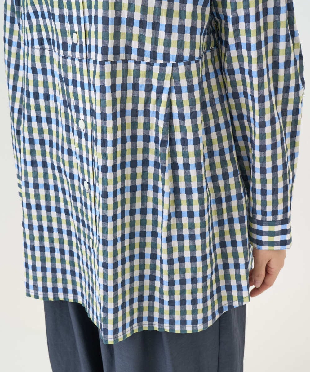 NGBGD24270 GIANNI LO GIUDICE(ジャンニ ロ ジュディチェ) [洗える]塩縮ギンガムプリントチュニックブラウス ブルー×グリーン