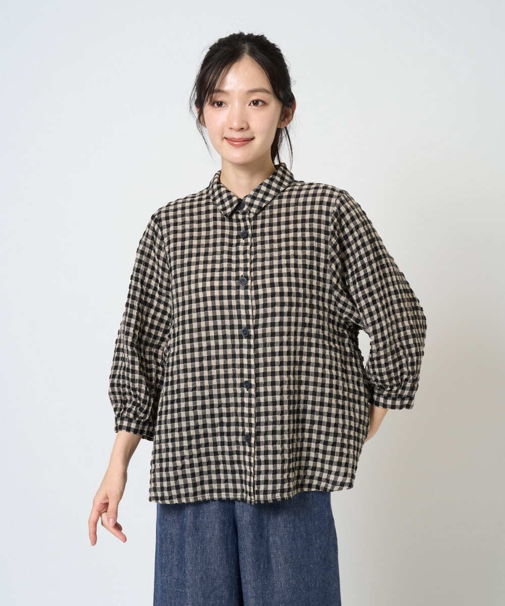 NGBGE42250 GIANNI LO GIUDICE(ジャンニ ロ ジュディチェ) [洗える]リネンコットンギンガムチェックブラウス ブラウン