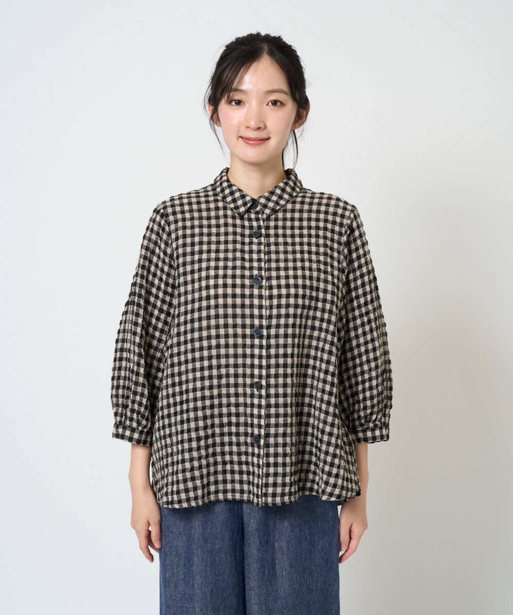 NGBGE42250 GIANNI LO GIUDICE(ジャンニ ロ ジュディチェ) [洗える]リネンコットンギンガムチェックブラウス ブラウン