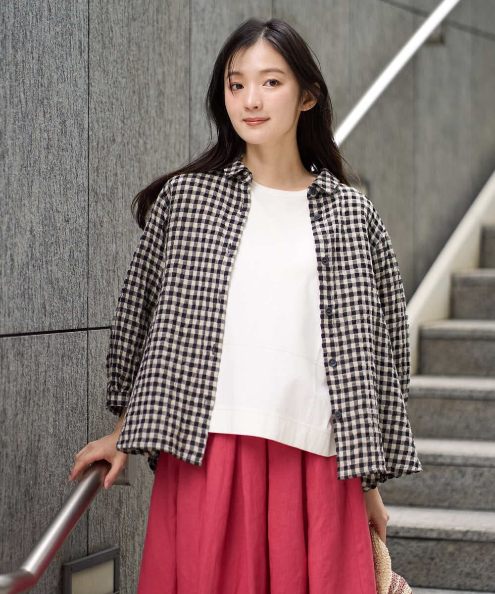 NGBGE42250 GIANNI LO GIUDICE(ジャンニ ロ ジュディチェ) [洗える]リネンコットンギンガムチェックブラウス ブラウン