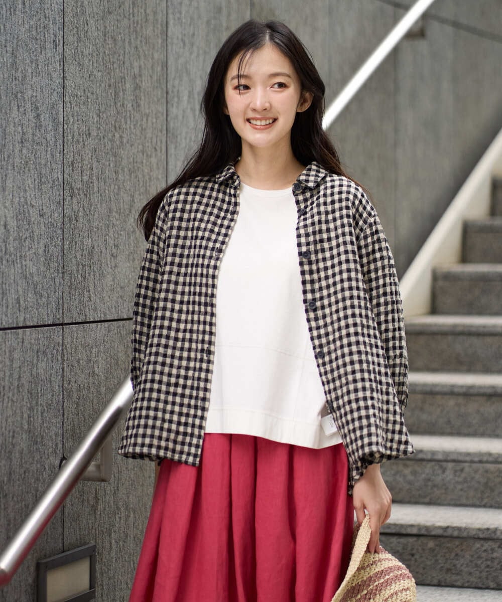 NGBGE42250 GIANNI LO GIUDICE(ジャンニ ロ ジュディチェ) [洗える]リネンコットンギンガムチェックブラウス ブラウン