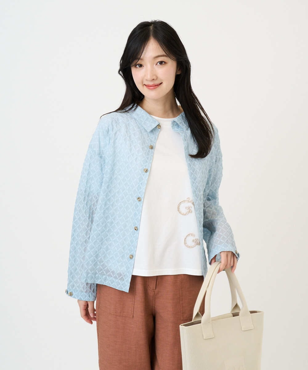 NGBGE45250 GIANNI LO GIUDICE(ジャンニ ロ ジュディチェ) [洗える]塩縮加工ダイヤ柄ブラウス ライトブルー