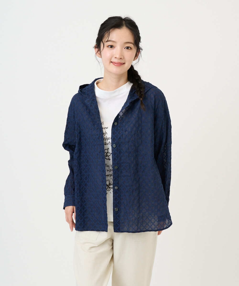 NGBGE46270 GIANNI LO GIUDICE(ジャンニ ロ ジュディチェ) [洗える]塩縮ダイヤ柄フード衿ブラウス ネイビー