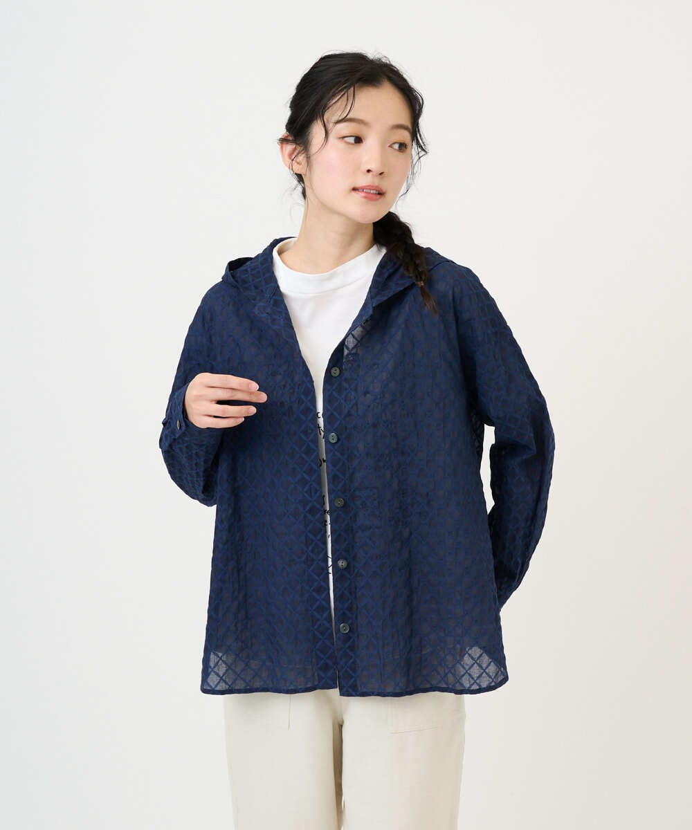 NGBGE46270 GIANNI LO GIUDICE(ジャンニ ロ ジュディチェ) [洗える]塩縮ダイヤ柄フード衿ブラウス ネイビー