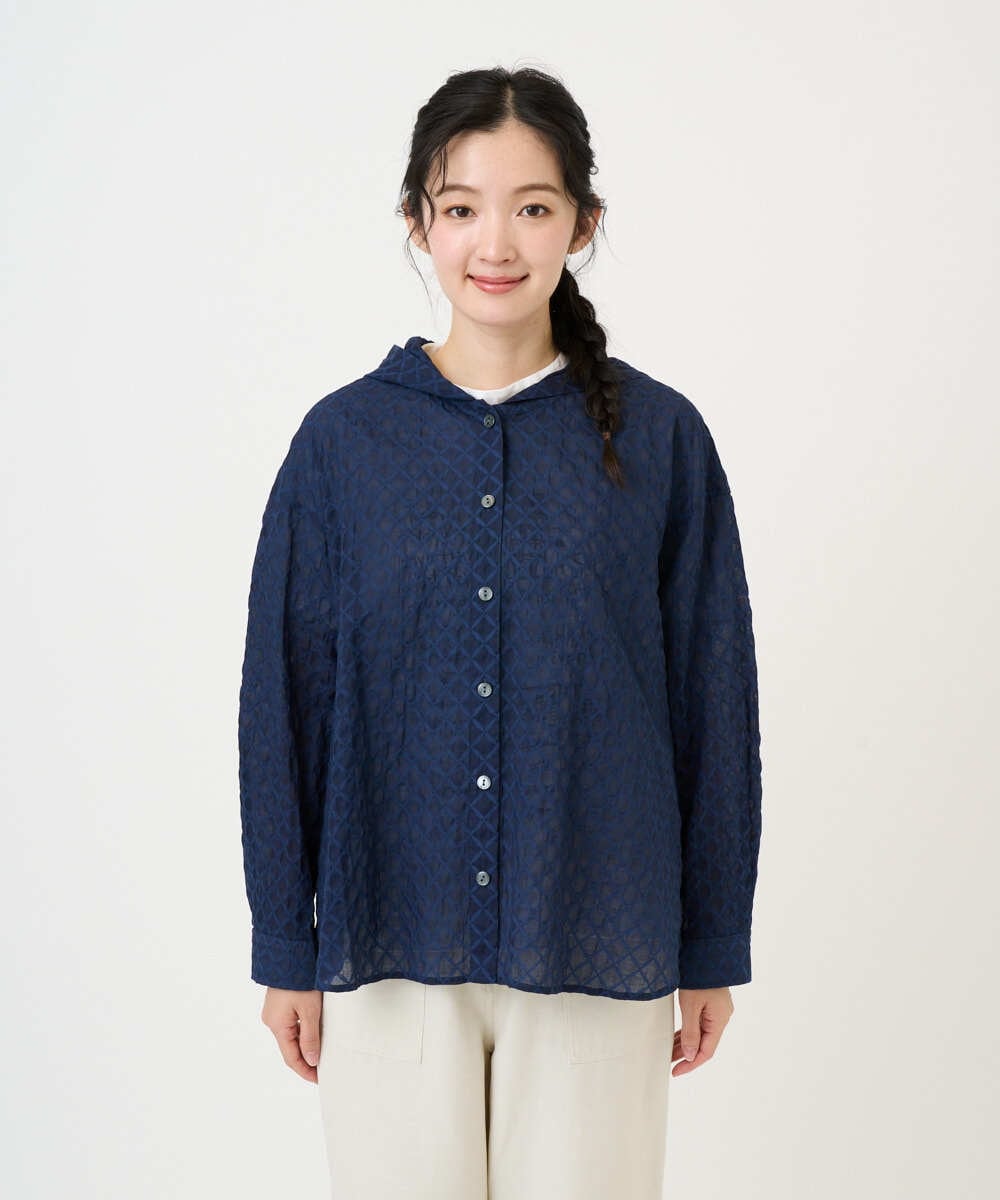 NGBGE46270 GIANNI LO GIUDICE(ジャンニ ロ ジュディチェ) [洗える]塩縮ダイヤ柄フード衿ブラウス ネイビー