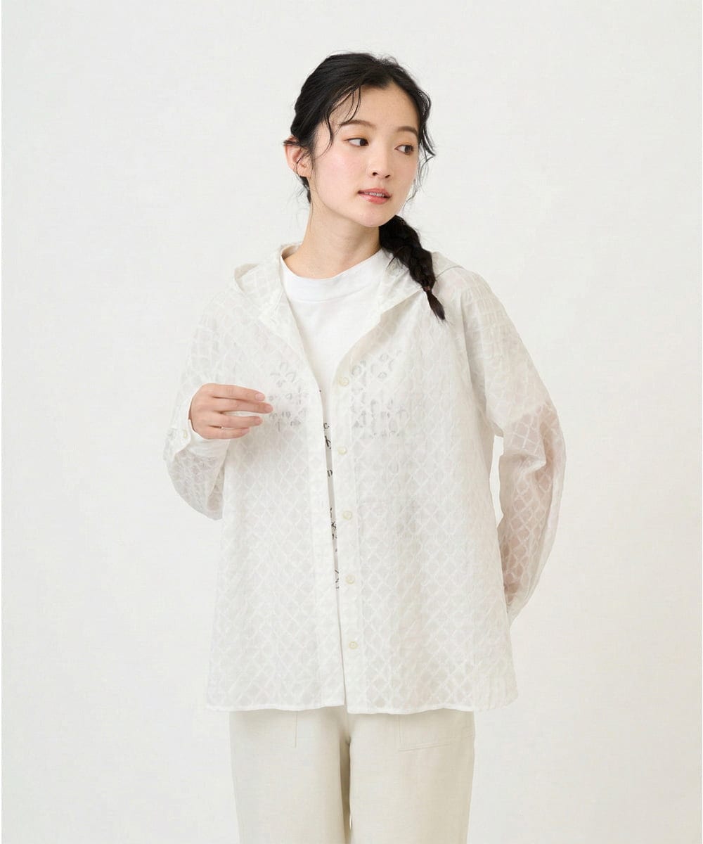 NGBGE46270 GIANNI LO GIUDICE(ジャンニ ロ ジュディチェ) [洗える]塩縮ダイヤ柄フード衿ブラウス ホワイト