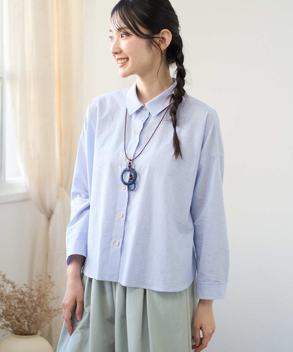 NGBGF21230 GIANNI LO GIUDICE(ジャンニ ロ ジュディチェ) [洗える・日本製]コットンシャーリングストライプブラウス ブルー