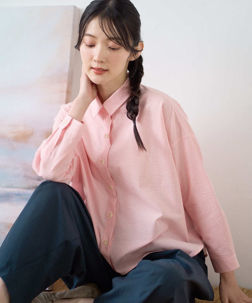 NGBGF21230 GIANNI LO GIUDICE(ジャンニ ロ ジュディチェ) [洗える・日本製]コットンシャーリングストライプブラウス ダークグレー