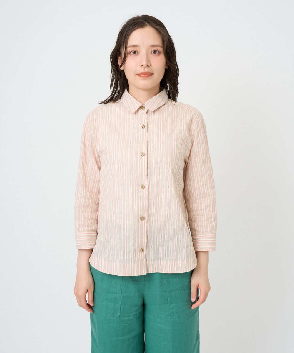 NGBGF48230 GIANNI LO GIUDICE(ジャンニ ロ ジュディチェ) [洗える・日本製]コットンシャーリングストライプブラウス オレンジベージュ