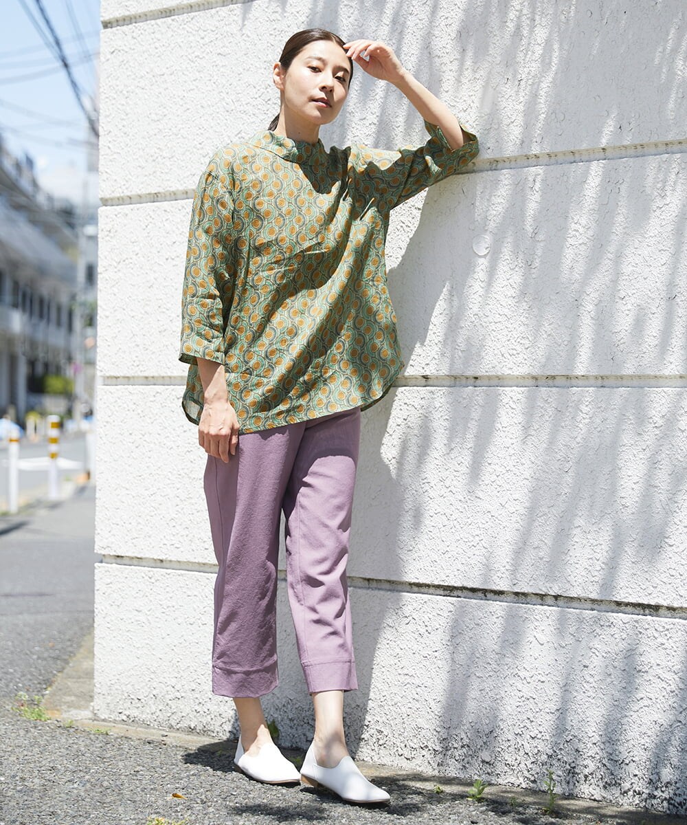 NGBGS31240 GIANNI LO GIUDICE(ジャンニ ロ ジュディチェ) [洗える]トライバル柄リネンブラウス グリーン