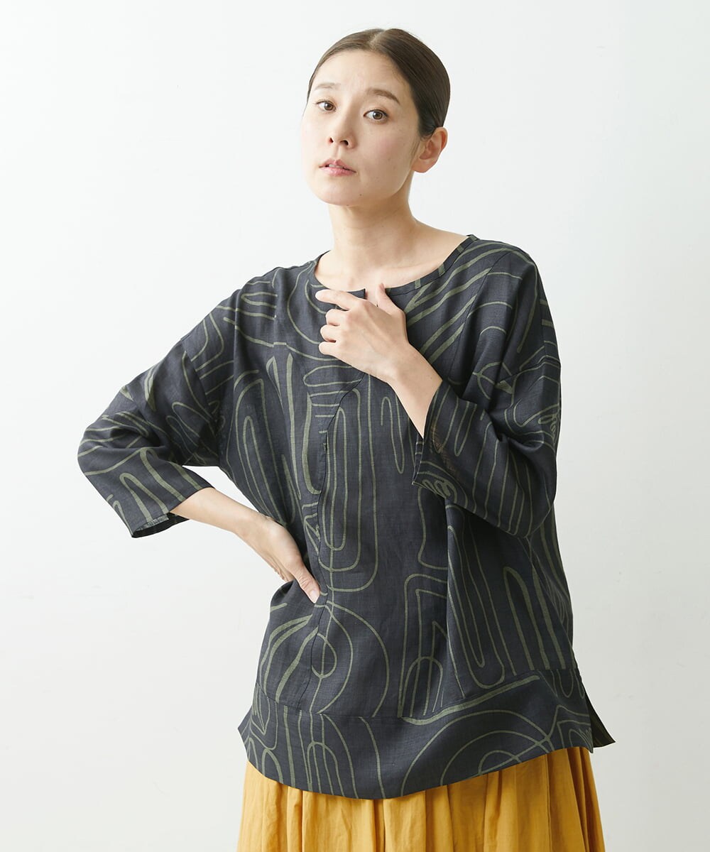 NGBGS42290 GIANNI LO GIUDICE(ジャンニ ロ ジュディチェ) [洗える・日本製]ナスカ柄リネンブラウス ネイビー