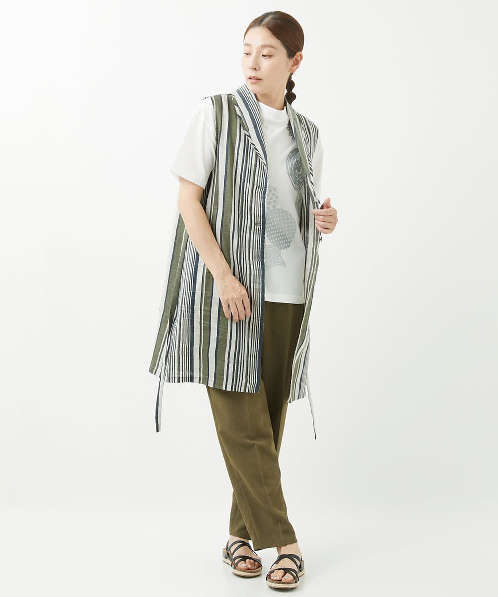 NGBGV53290 GIANNI LO GIUDICE(ジャンニ ロ ジュディチェ) [洗える]リネンランダムストライプ柄ロングジレ カーキ