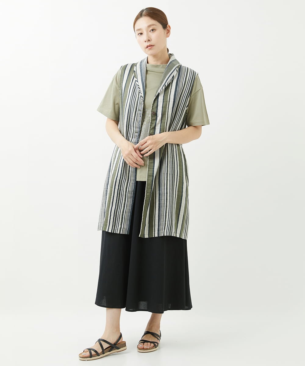 NGBGV53290 GIANNI LO GIUDICE(ジャンニ ロ ジュディチェ) [洗える]リネンランダムストライプ柄ロングジレ カーキ