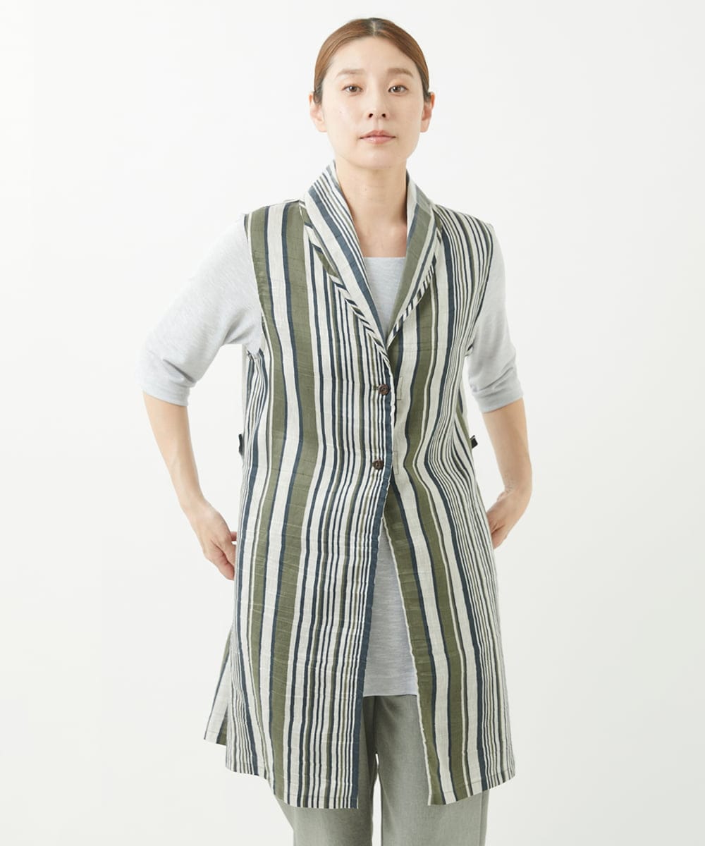 NGBGV53290 GIANNI LO GIUDICE(ジャンニ ロ ジュディチェ) [洗える]リネンランダムストライプ柄ロングジレ カーキ