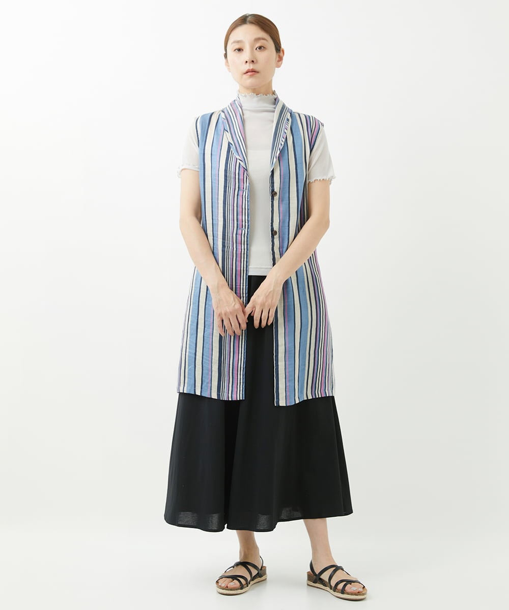 NGBGV53290 GIANNI LO GIUDICE(ジャンニ ロ ジュディチェ) [洗える]リネンランダムストライプ柄ロングジレ ブルー